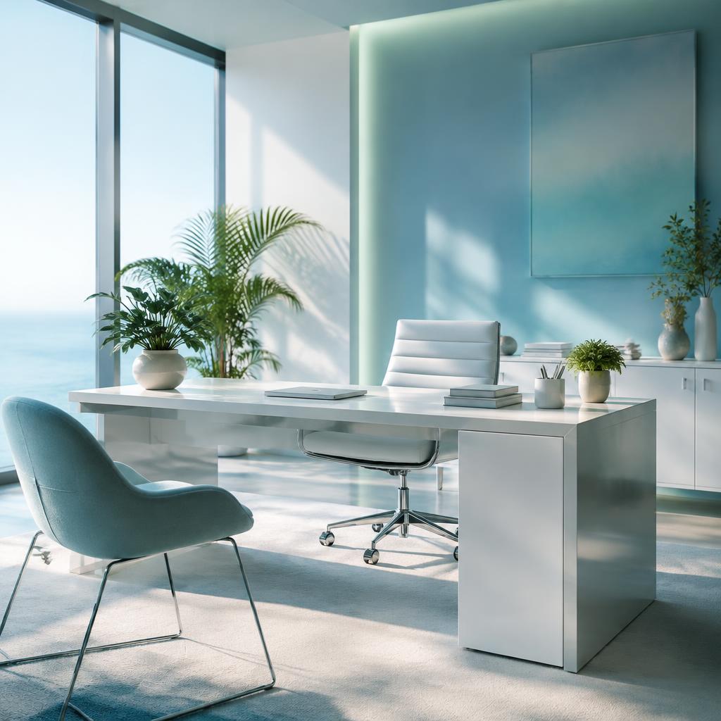 Bureau lumineux aux tons bleus et turquoise